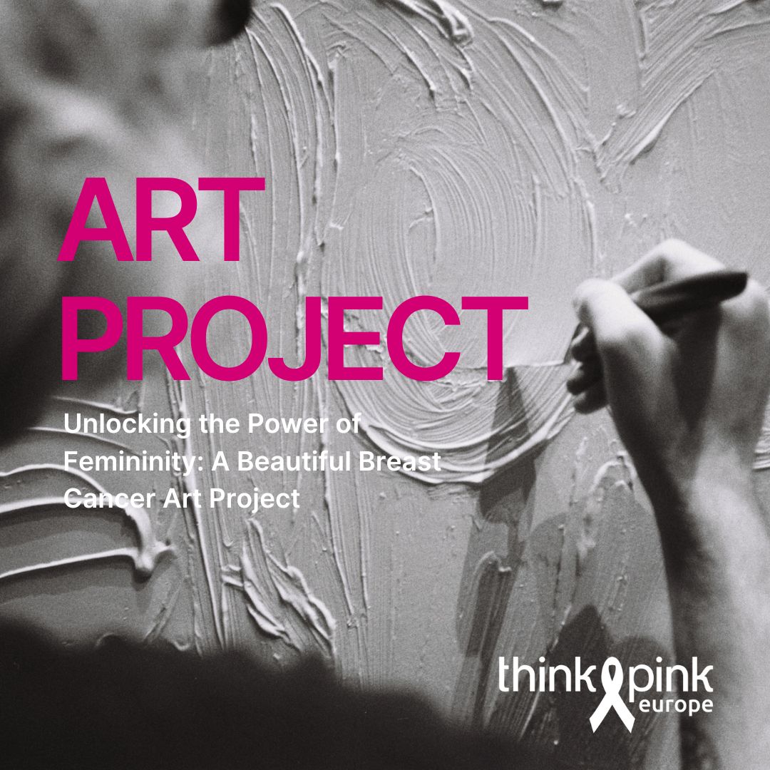 This photo is part of the so called “think pink art project” and shows an analog black and white photo of Lino painting the Think Pink Painting with the Title “like a tattoo”.The photo contains some fonts. The bold pink font says Art Project and the small text says “unlocking the power of femininity : a beautiful breast cancer art project”.